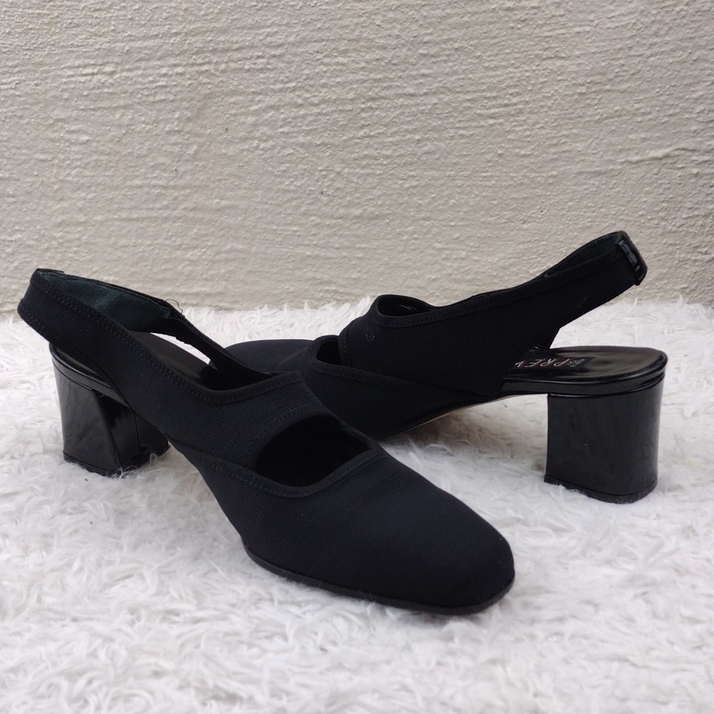 Prevata Black Cut Out Fabric Upper Square Toe  Patent Block Heel Slingback Shoes